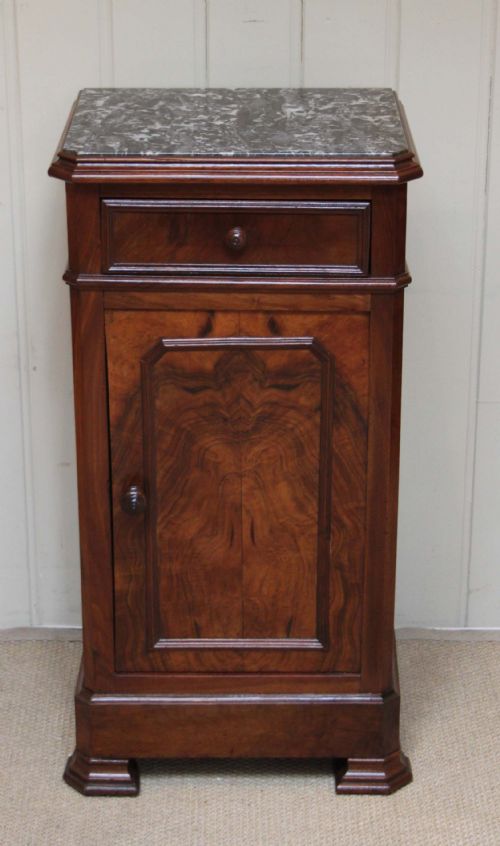 French Walnut Marble Top Bedside Cabinet