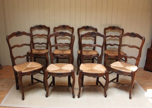 Set of Eight French Oak Rush Seat Dining Chairs