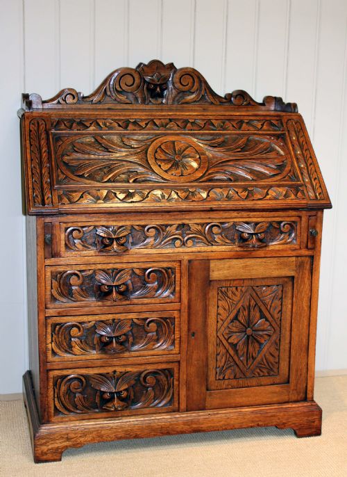 Unusual Victorian Carved Oak Bureau