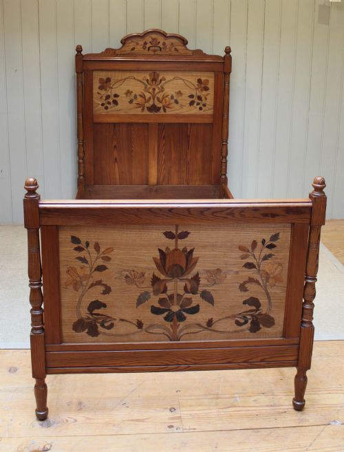 Late 19th Century Pitch Pine Inlaid Single Bed and Bedside Cabinet