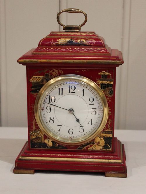 Red Chinoiserie Lacquered Timepiece Mantel Clock