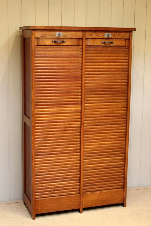 French Tambour Fronted Oak Filing Cabinet