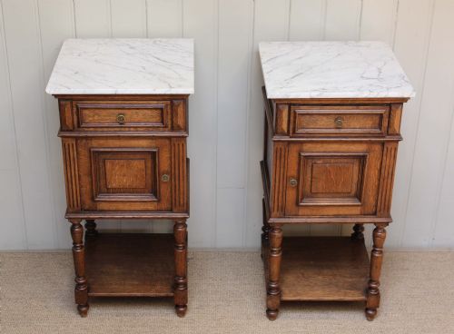Pair of Marble Top Oak Bedside Cabinets