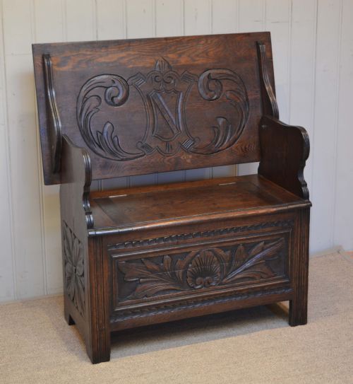 Carved Oak Monks Bench
