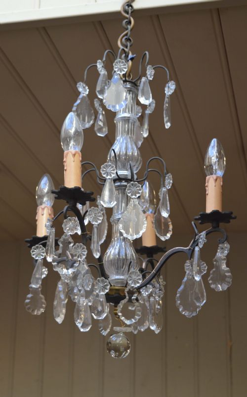 French Four Branch Glass Drop Chandelier