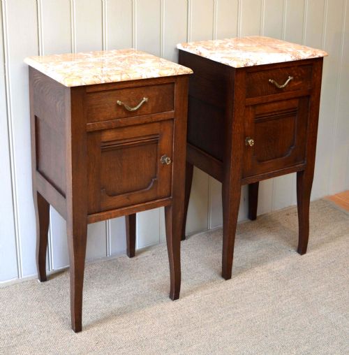 Pair of Oak Marble Top Bedside Cabinets