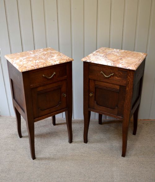 fig 1. Pair of Oak Marble Top Bedside Cabinets