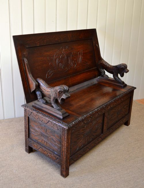 fig 1. Carved Oak Monks Bench