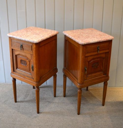 Pair of Oak Marble Top Bedside Cabinets