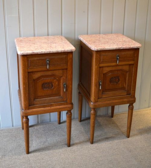 fig 1. Pair Of Oak Marble Top Bedside Cabinets 