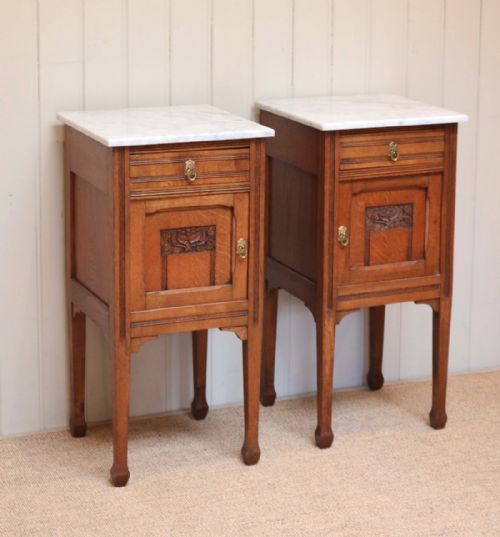 Pair of French Oak Marble Top Bedside Cabinets