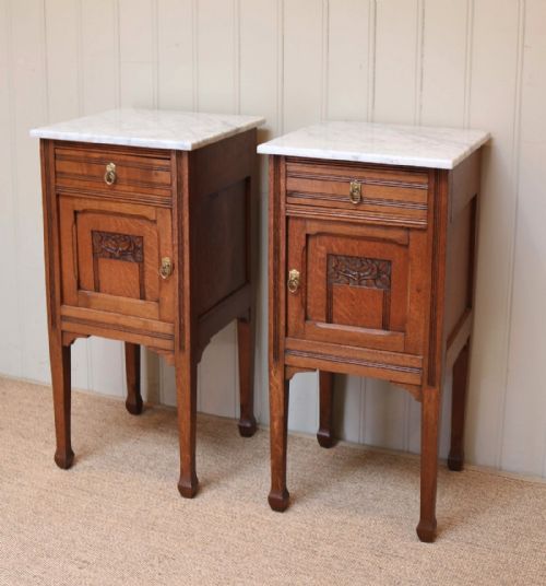 fig 1. Pair Of French Oak Marble Top Bedside Cabinets