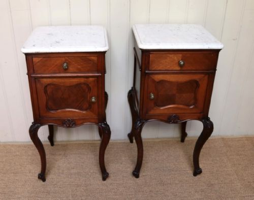 fig 1. Pair Of Walnut Marble Top Bedside Cabinets