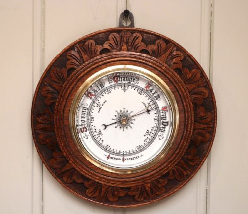 Edwardian Carved Circular Oak Barometer