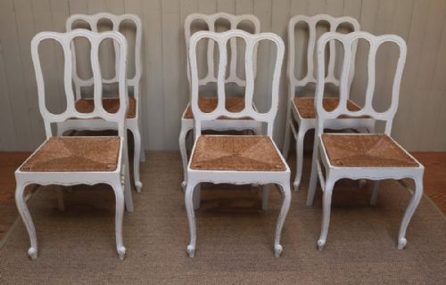 Set of Six Painted French Oak Dining Chairs