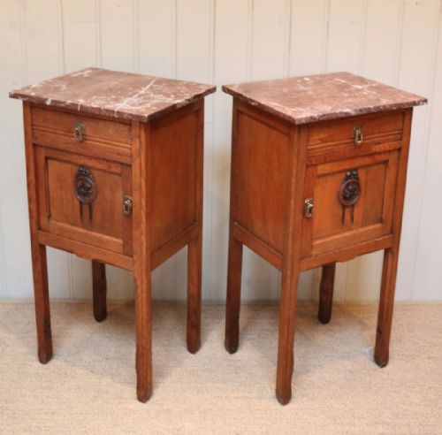 French Oak Marble Top Bedside Cabinets