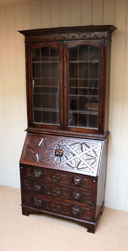 fig 1. Carved Oak Green Man Bureau Bookcase