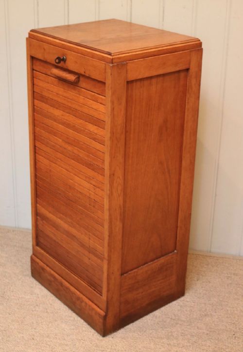 Small French Oak Tambour Front Filing Cabinet