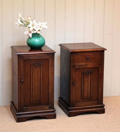 Pair of Oak Linenfold Front Bedside Cabinets