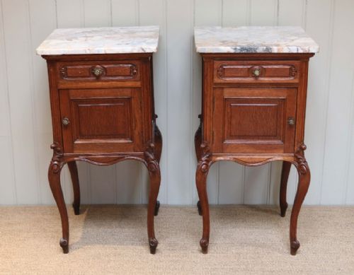 Pair of French Oak Marble Top Bedside Cabinets