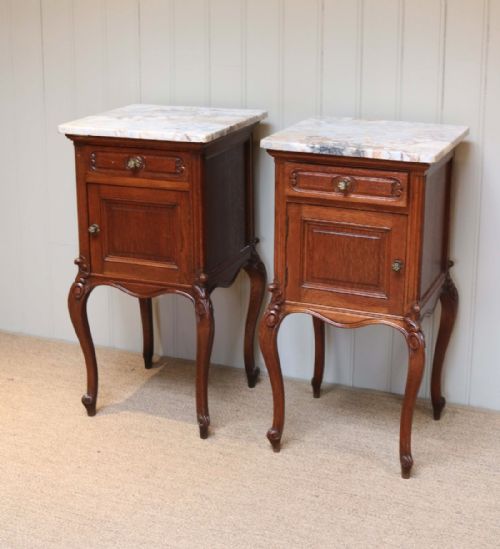 fig 1. Pair Of French Oak Marble Top Bedside Cabinets