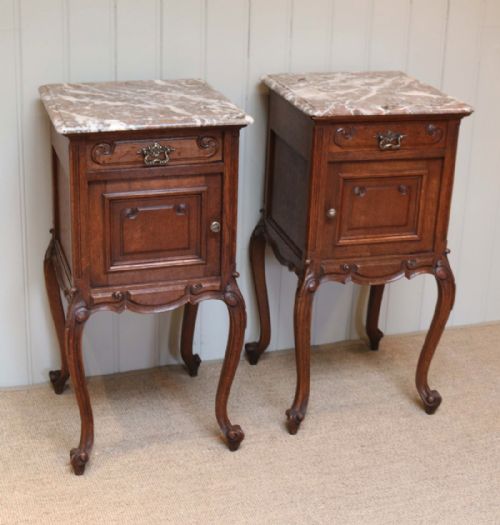 fig 1. Pair Of French Oak Marble Top Bedside Cabinets 