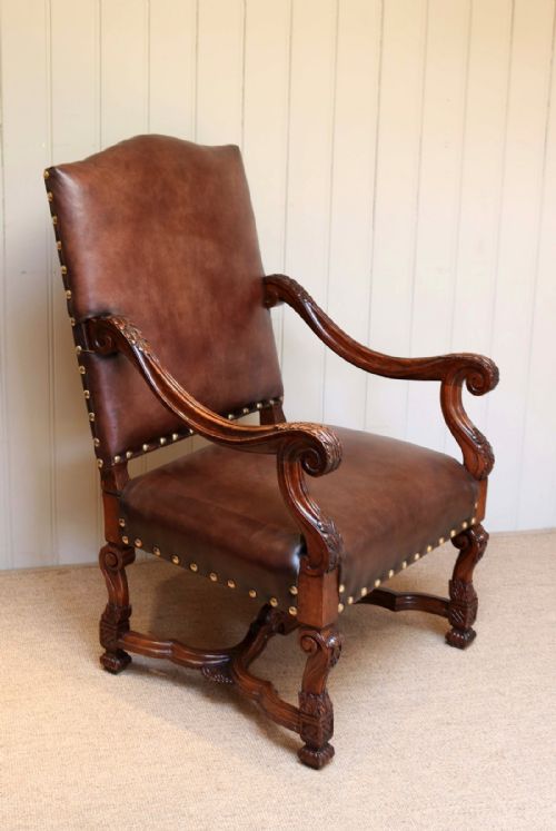 French Carved Wooden Leather Chair