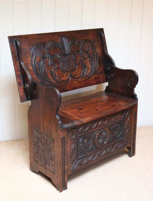 Carved Oak Monks Bench