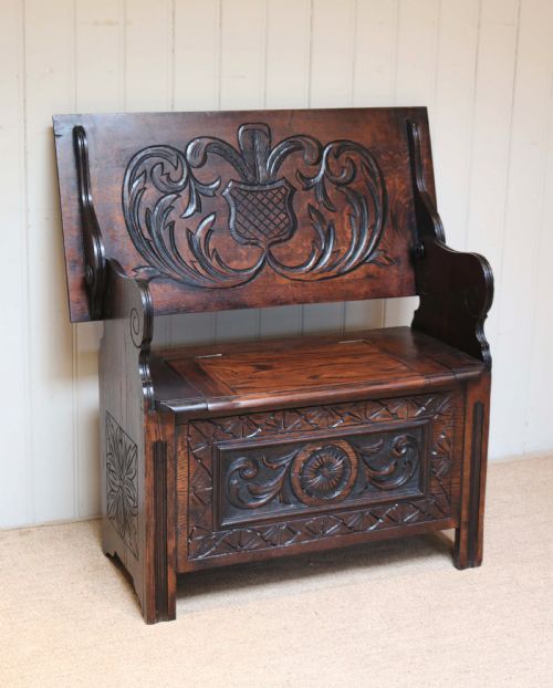 fig 1. Carved Oak Monks Bench 