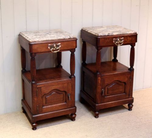 Pair of Oak Arts and Crafts Marble Top Bedside Cabinets