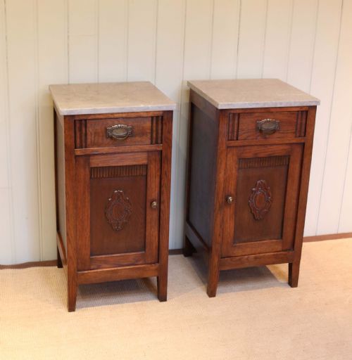 Pair of French Oak Marble Top Bedside Cabinets
