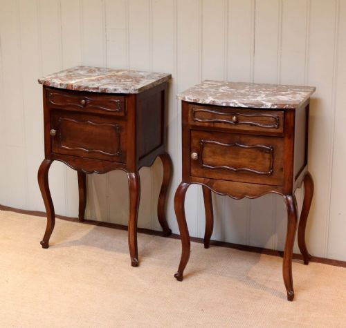 Pair of Marble Top Walnut Bedside Cabinets