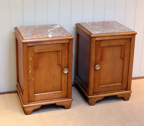 Pair of Oak Marble Top Bedside Cabinets