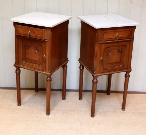 French Oak Marble Top Bedside Cabinets