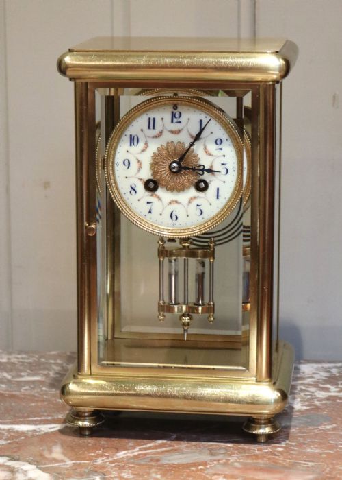 French Brass Four Glass Clock with Ornate Dial (France, C. 1905)