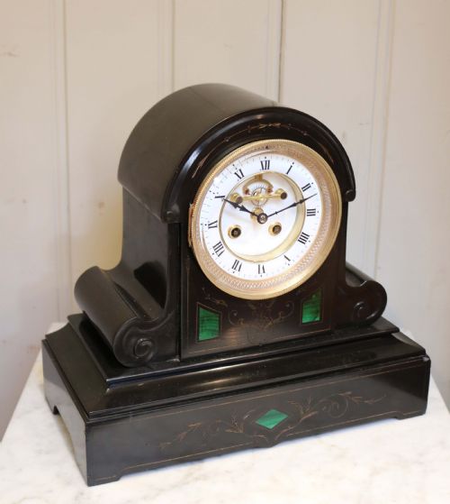 Mid Victorian Polished Slate Mantel Clock with Visible Escapement