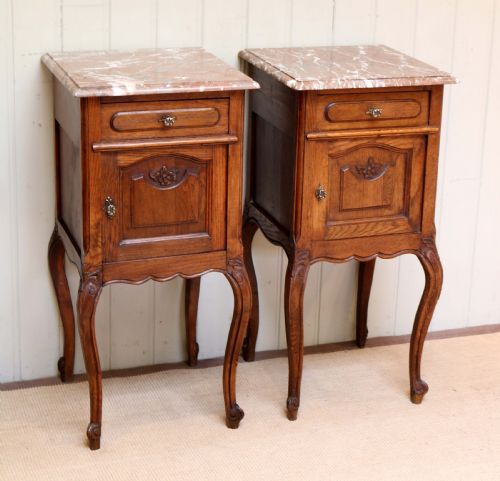 Pair of French Oak Marble Top Bedside Cabinets
