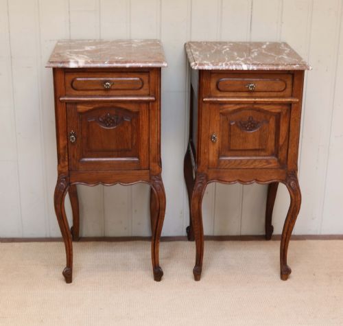 fig 1. Pair Of French Oak Marble Top Bedside Cabinets