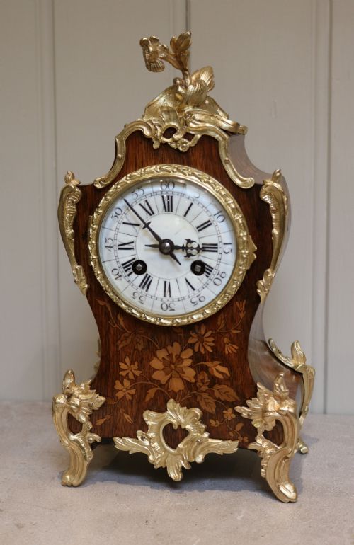 Rosewood and Marquetry Bell Striking Mantel Clock (France, 1889)