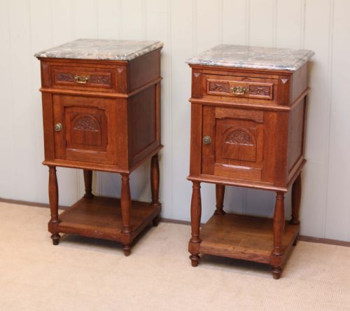 Pair of French Oak Marble Top Bedside Cabinets