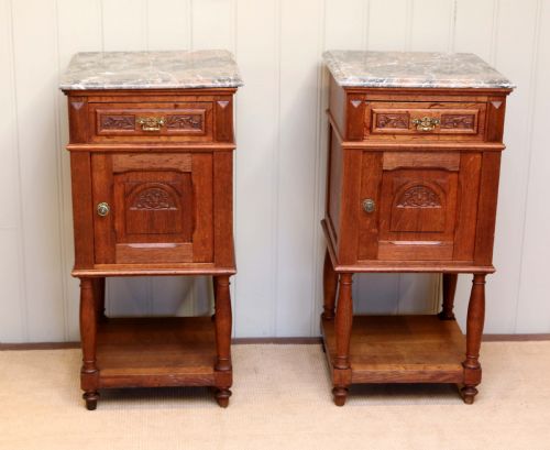 fig 1. Pair Of French Oak Marble Top Bedside Cabinets