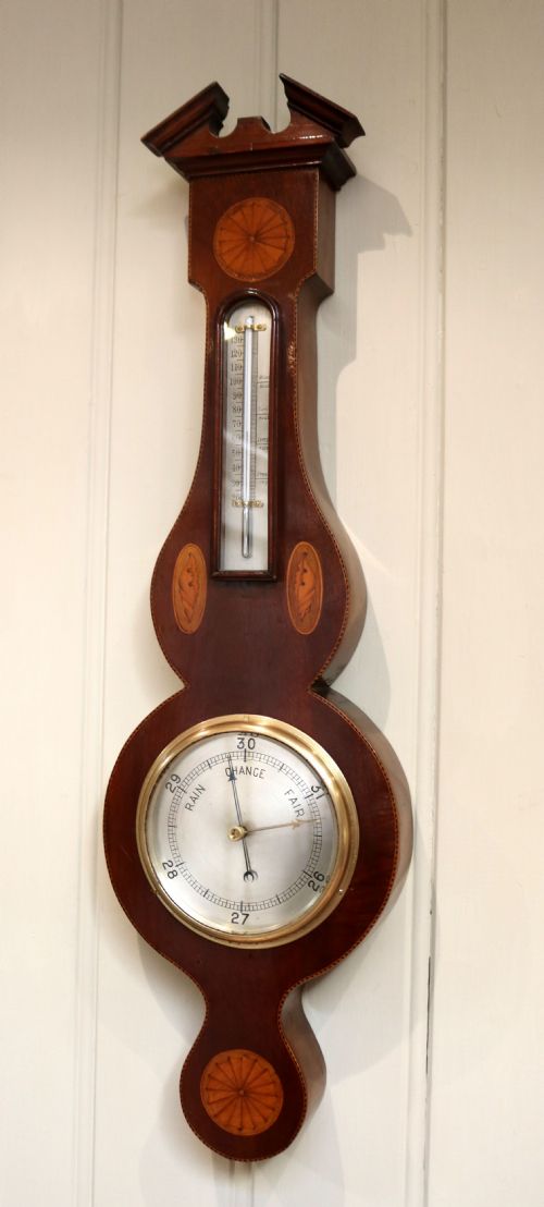 Edwardian Sheraton Style Mahogany and Inlay Aneroid Barometer