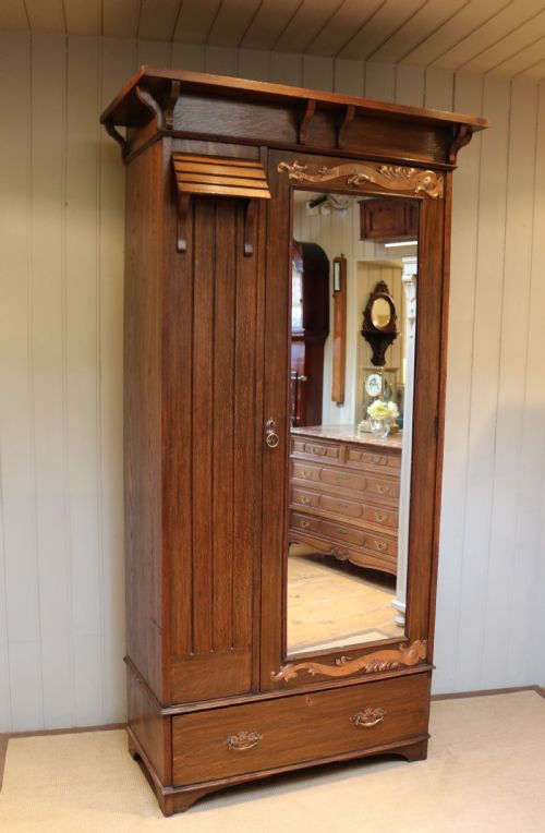Oak Arts and Crafts Mirrored Wardrobe