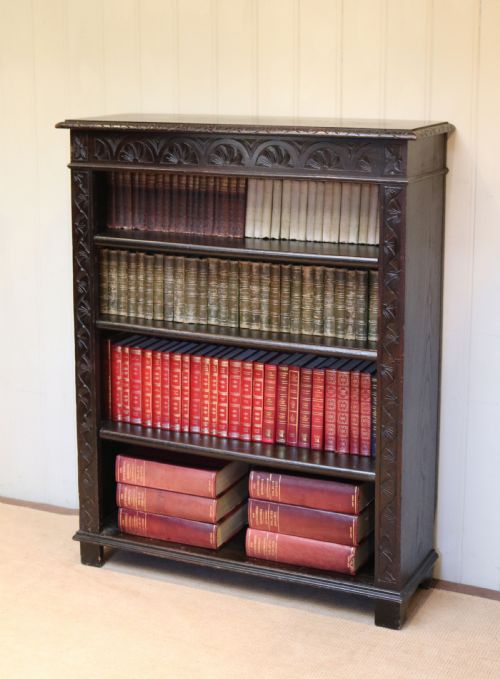 Victorian Dark Oak Carved Open Bookcase