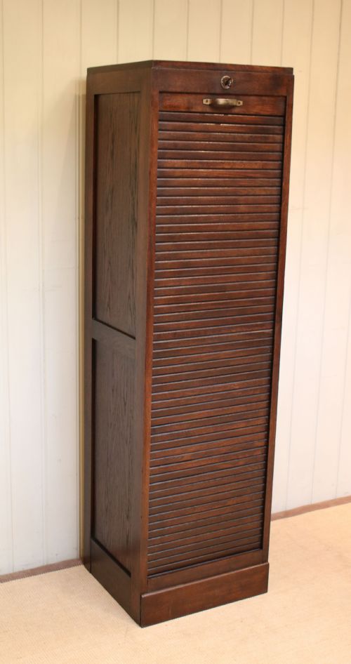 Tall Single Dark Oak Tambour Front Filing Cabinet
