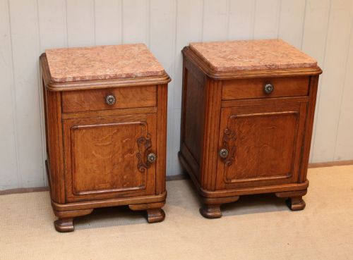 Pair of French Oak Marble Top Bedside Cabinets