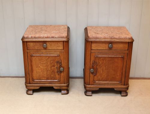 fig 1. Pair Of French Oak Marble Top Bedside Cabinets