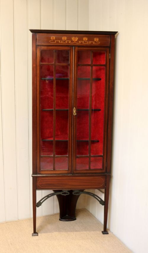 Art Nouveau Inlaid Mahogany Corner Cabinet