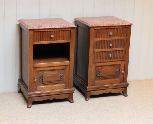 Pair of French Oak Marble Top Bedside Cabinets