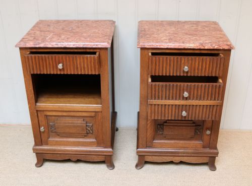 fig 1. Pair Of French Oak Marble Top Bedside Cabinets